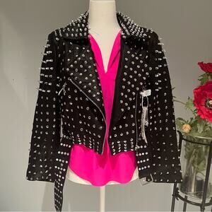 NEW CUSTOM Belted Studded Spike Rivet Moto Cropped Biker Jacket Black Un…